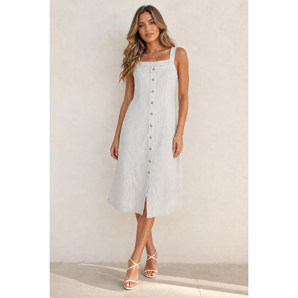 Liz Claiborne Button Linen Dress Women L Tan White Coastal Minimalist Fisherman